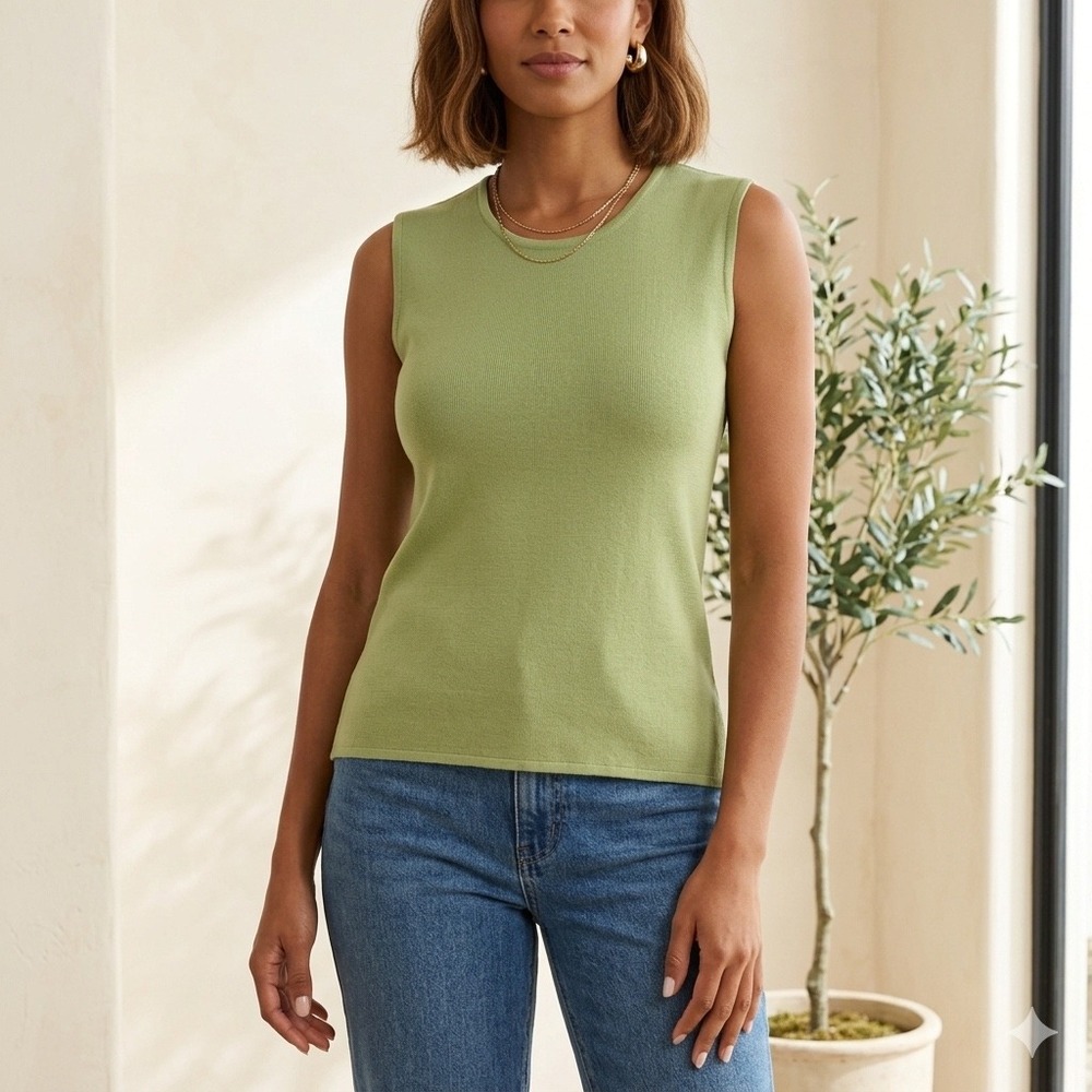 Misook Womens Lime avocado Green Sleeveless Knit Shell Scoop Neck Tank Top Sz L